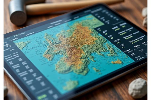 Carte géologique avec des points de données et des outils de mesure